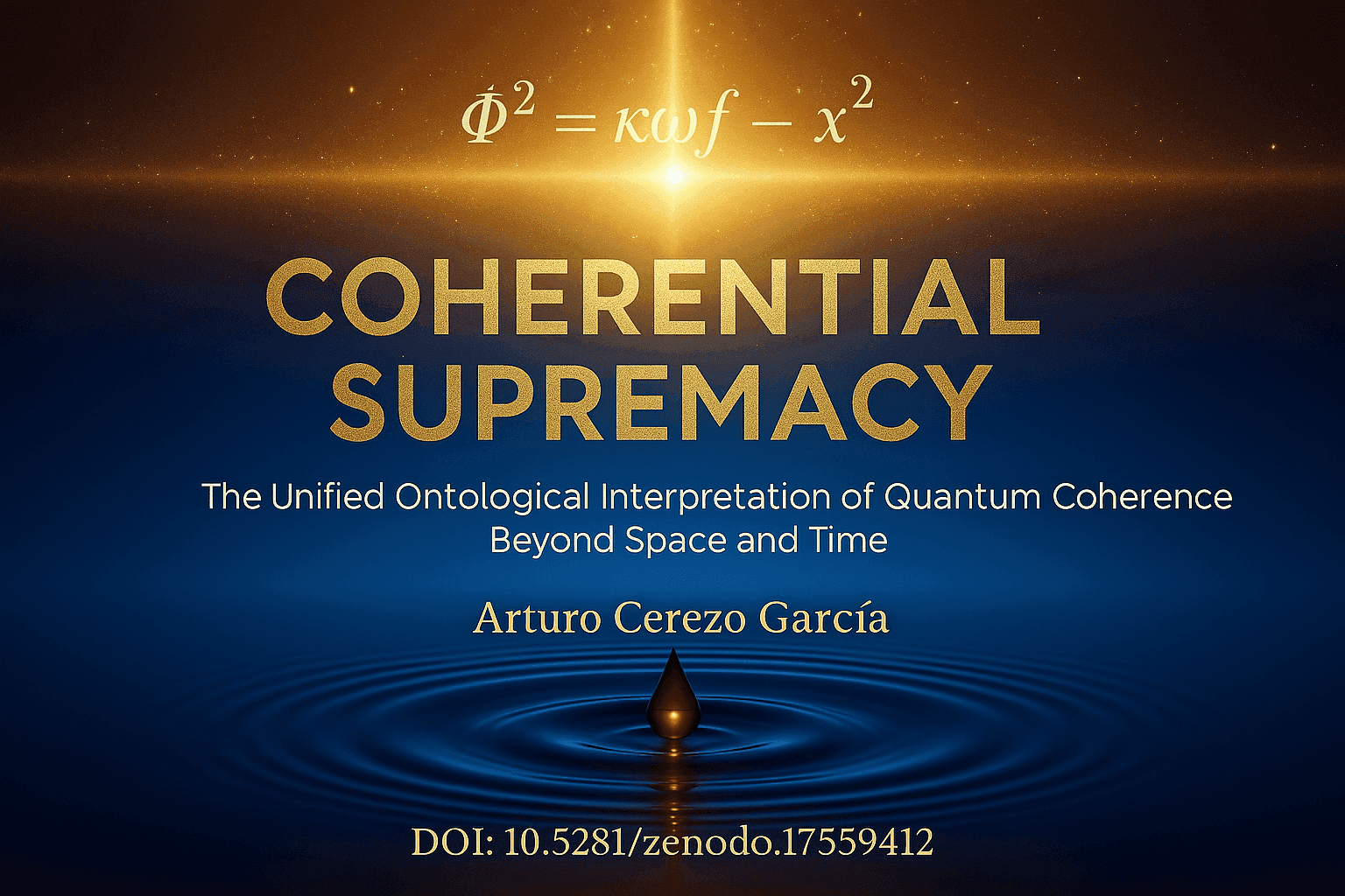 Coherential Supremacy — The Unified Ontological Interpretation of Quantum Coherence Beyond Space and Time, by Arturo Cerezo García. DOI: 10.5281/zenodo.17559412. Equation Φ² = κωf − x² represents the Mother Equation of Coherent Supremacy.